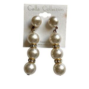 Calla Collection Imitation Pearl Swarovski Crystal Dangle Earrings 2.5 inch New
